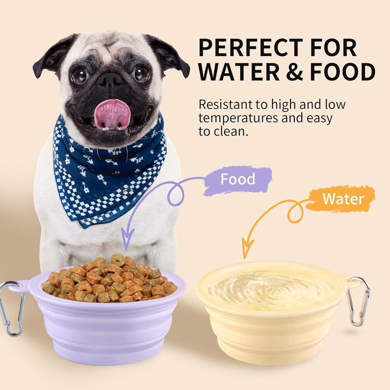 TECOPH Collapsible Dog Bowls 2-Pack, Portable Travel Dog Bowl with Carabiner, Food-Grade Silicone Pet Bowl for Hiking, Walking (Macaron Yellow and Violet) - Image 3